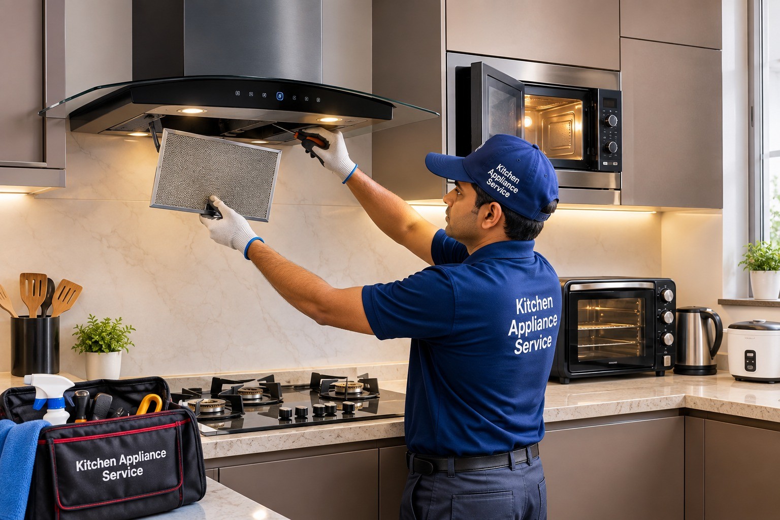 Technician repairing a kitchen chimney